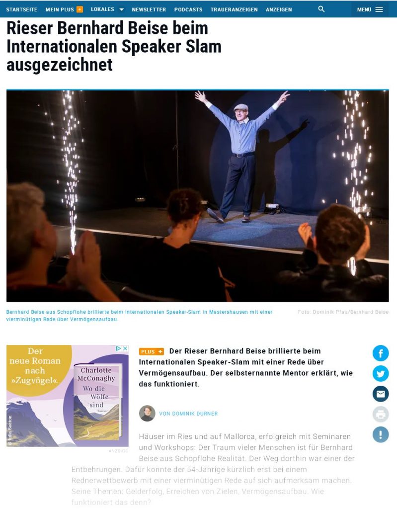 Bernhard Beise Pressebereicht Rieser Nachrichten. Speaker Slam Auszeichnung inkl. AWARD